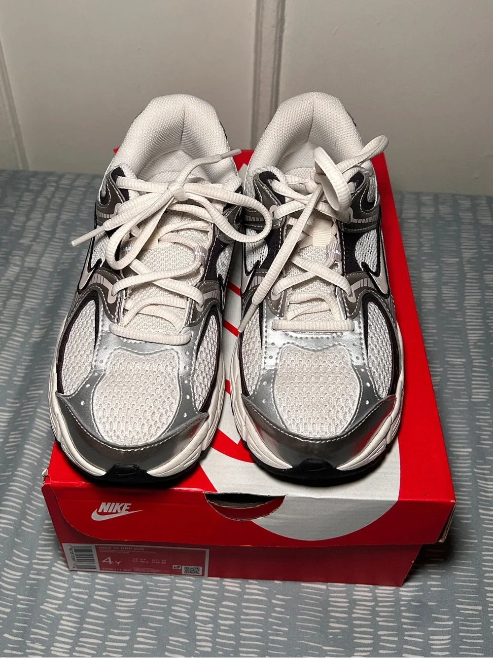 Nike Kids White and Gray Mesh Lace-Up Sneakers